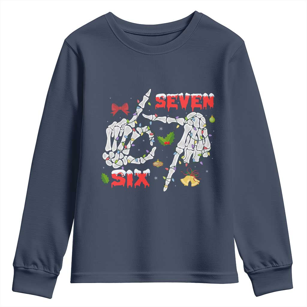 Six And Seven Meme Skeleton Youth Sweatshirt Funny Trendy Christmas Party Gift TS12 Navy Print Your Wear