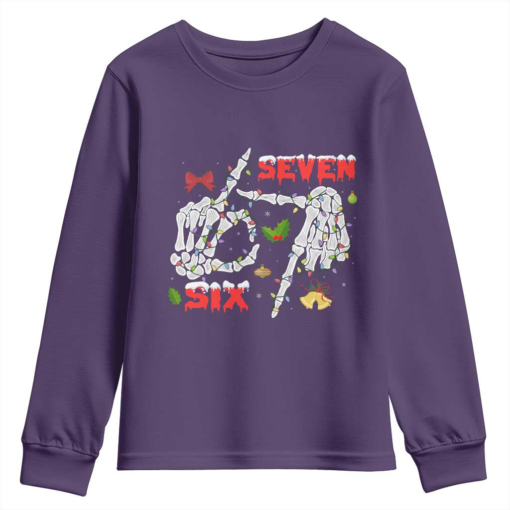Six And Seven Meme Skeleton Youth Sweatshirt Funny Trendy Christmas Party Gift TS12 Purple Print Your Wear