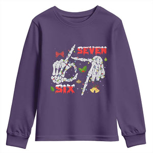 Six And Seven Meme Skeleton Youth Sweatshirt Funny Trendy Christmas Party Gift TS12 Purple Print Your Wear