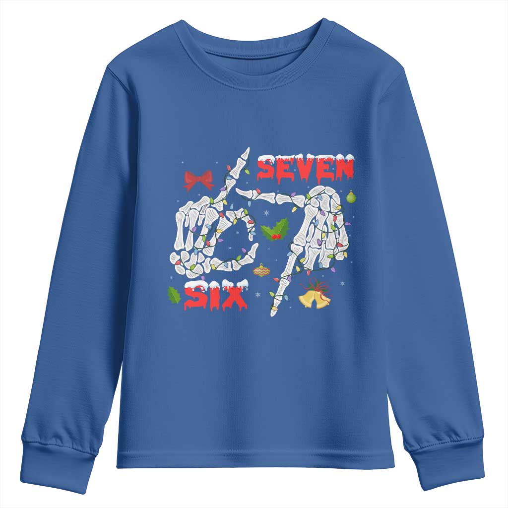 Six And Seven Meme Skeleton Youth Sweatshirt Funny Trendy Christmas Party Gift TS12 Royal Blue Print Your Wear