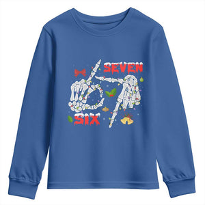 Six And Seven Meme Skeleton Youth Sweatshirt Funny Trendy Christmas Party Gift TS12 Royal Blue Print Your Wear