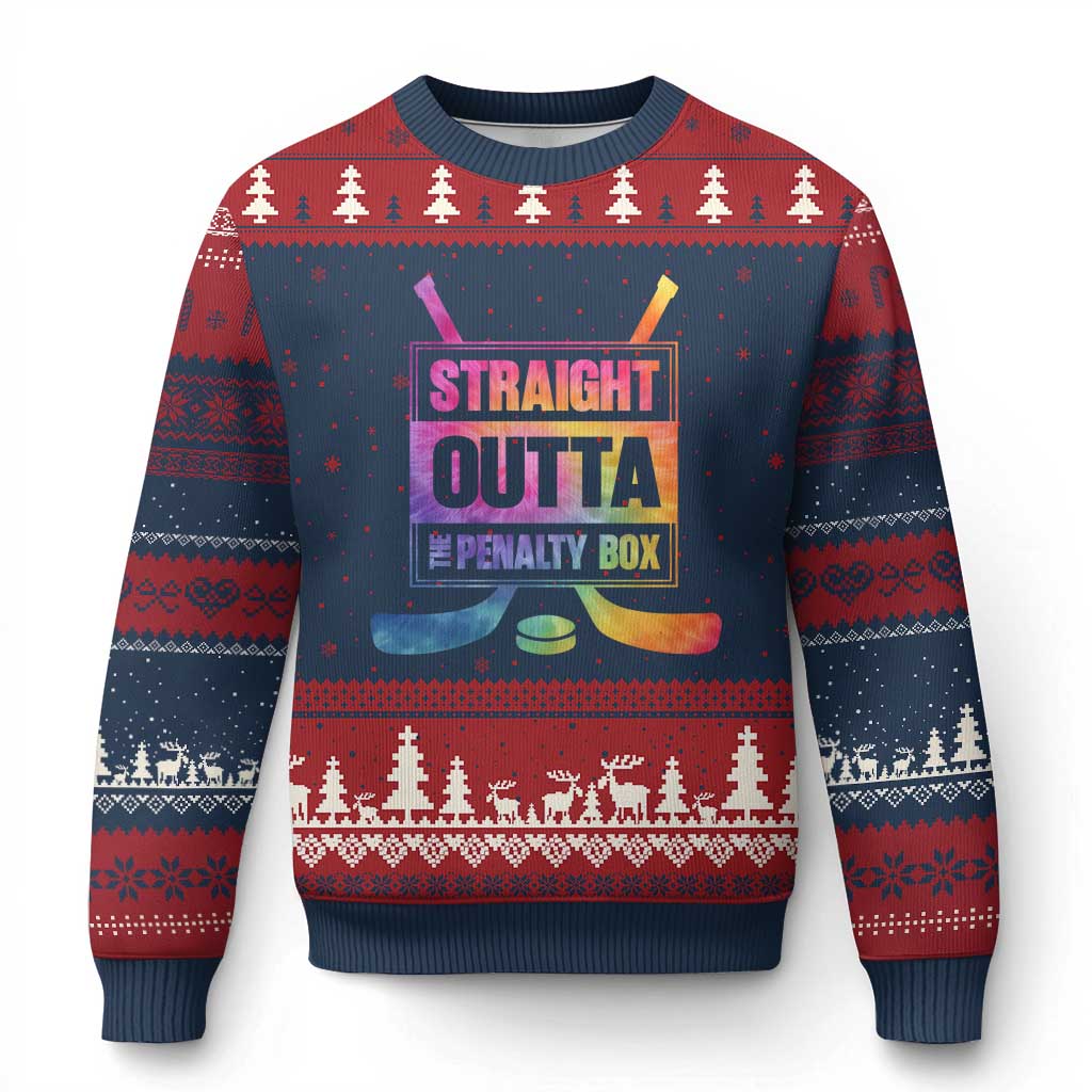 Straight Outta The Penalty Box Ugly Christmas Sweater Tie Dye Effect Hockey Player Gift TS12 Navy Red Print Your Wear