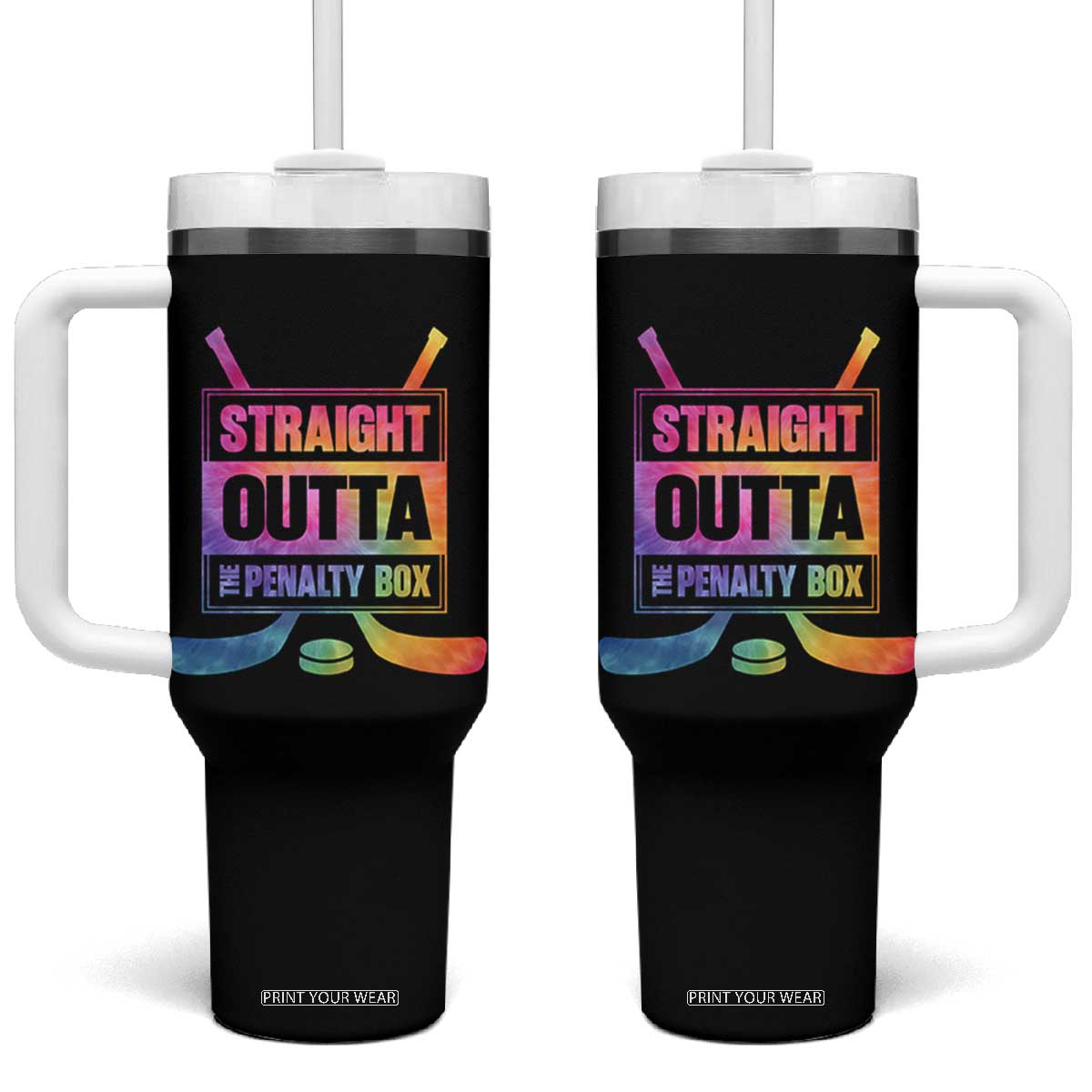 Straight Outta The Penalty Box Tumbler With Handle Tie Dye Effect Hockey Player Gift TS12 One Size: 40 oz Black Print Your Wear
