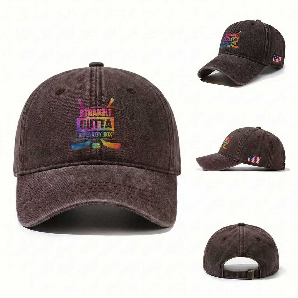 Straight Outta The Penalty Box Washed Cotton Baseball Cap Tie Dye Effect Hockey Player Gift TS12 Washed Cap Universal Fit Dark Brown Print Your Wear