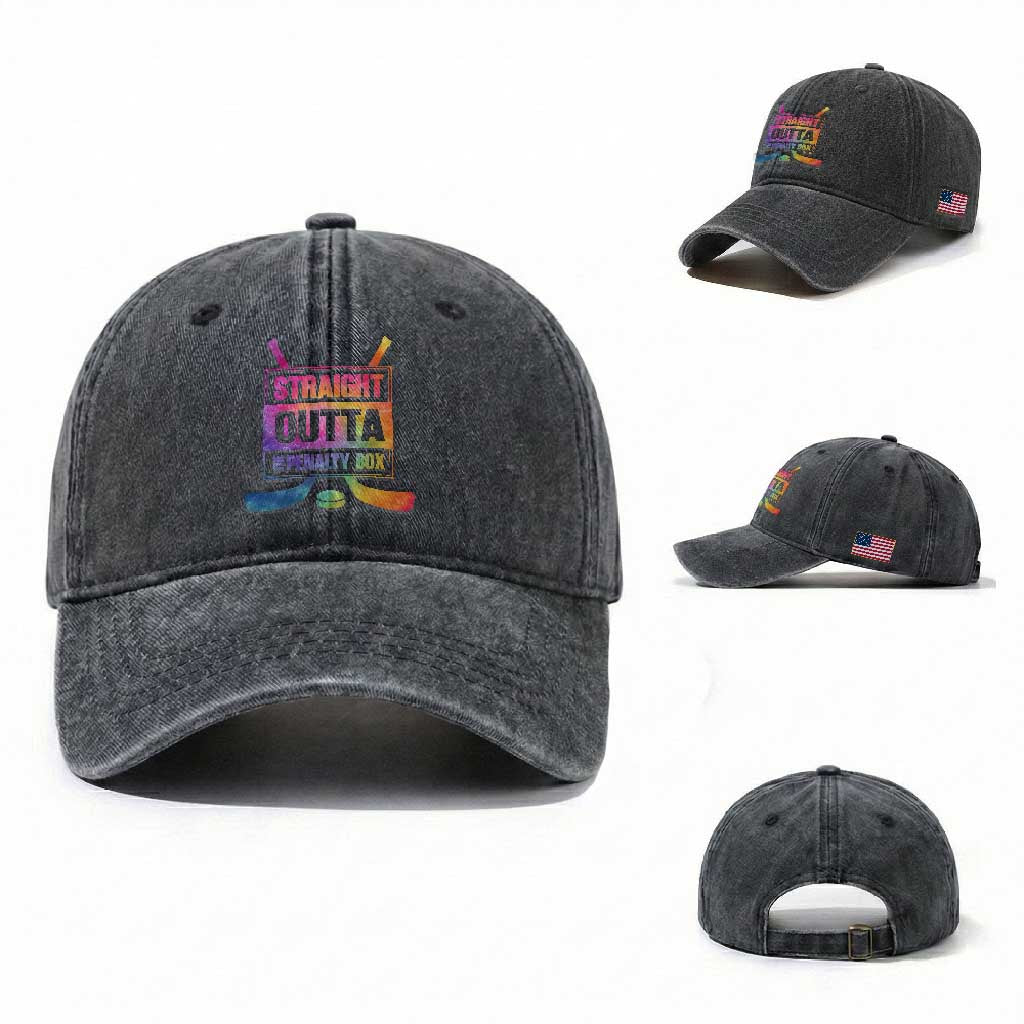 Straight Outta The Penalty Box Washed Cotton Baseball Cap Tie Dye Effect Hockey Player Gift TS12 Washed Cap Universal Fit Dark Gray Print Your Wear