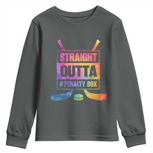 Straight Outta The Penalty Box Youth Sweatshirt Tie Dye Effect Hockey Player Gift TS12 Dark Heather Print Your Wear