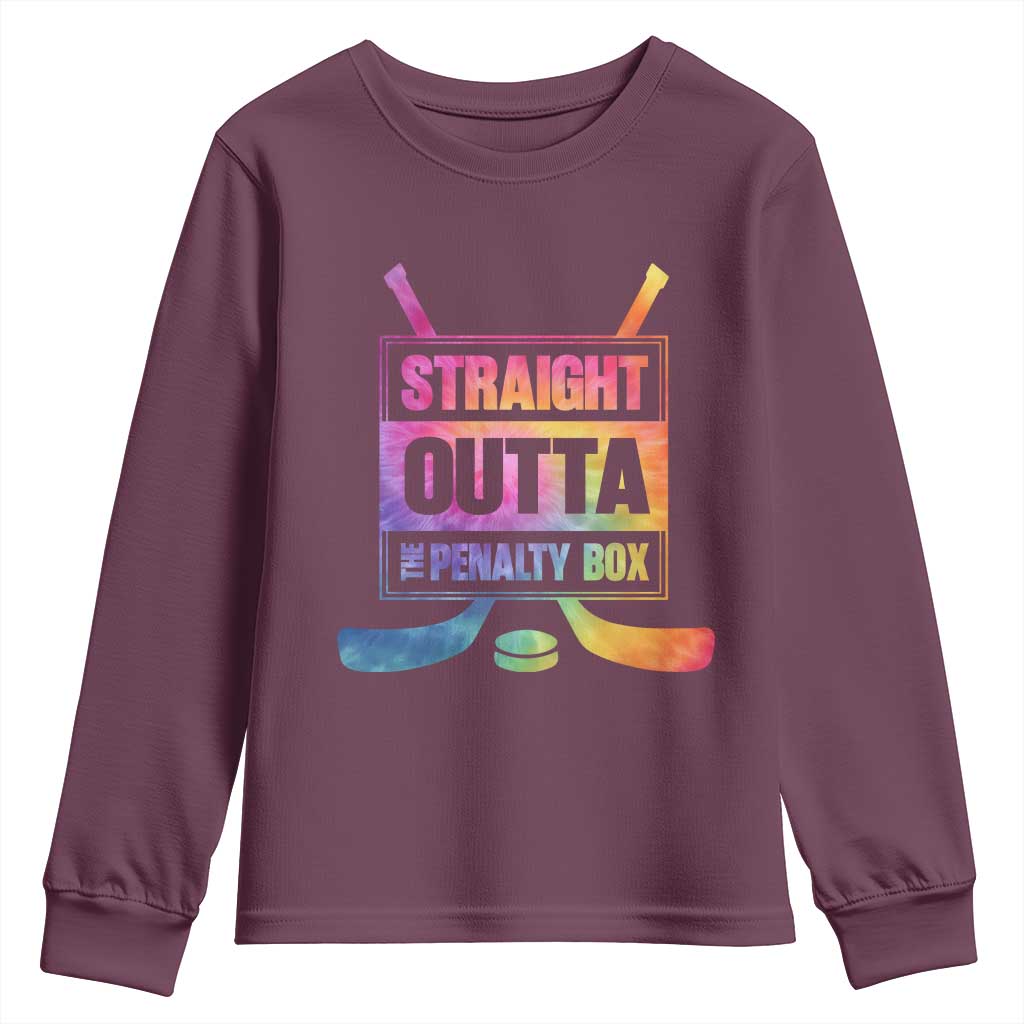 Straight Outta The Penalty Box Youth Sweatshirt Tie Dye Effect Hockey Player Gift TS12 Maroon Print Your Wear