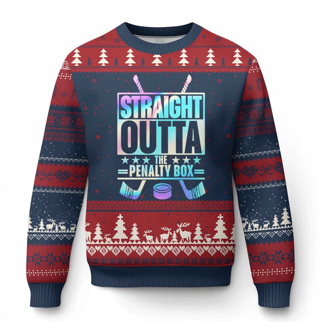 Straight Outta The Penalty Box Ugly Christmas Sweater Iridescent Effect Hockey Player Gift TS12 Navy Red Print Your Wear