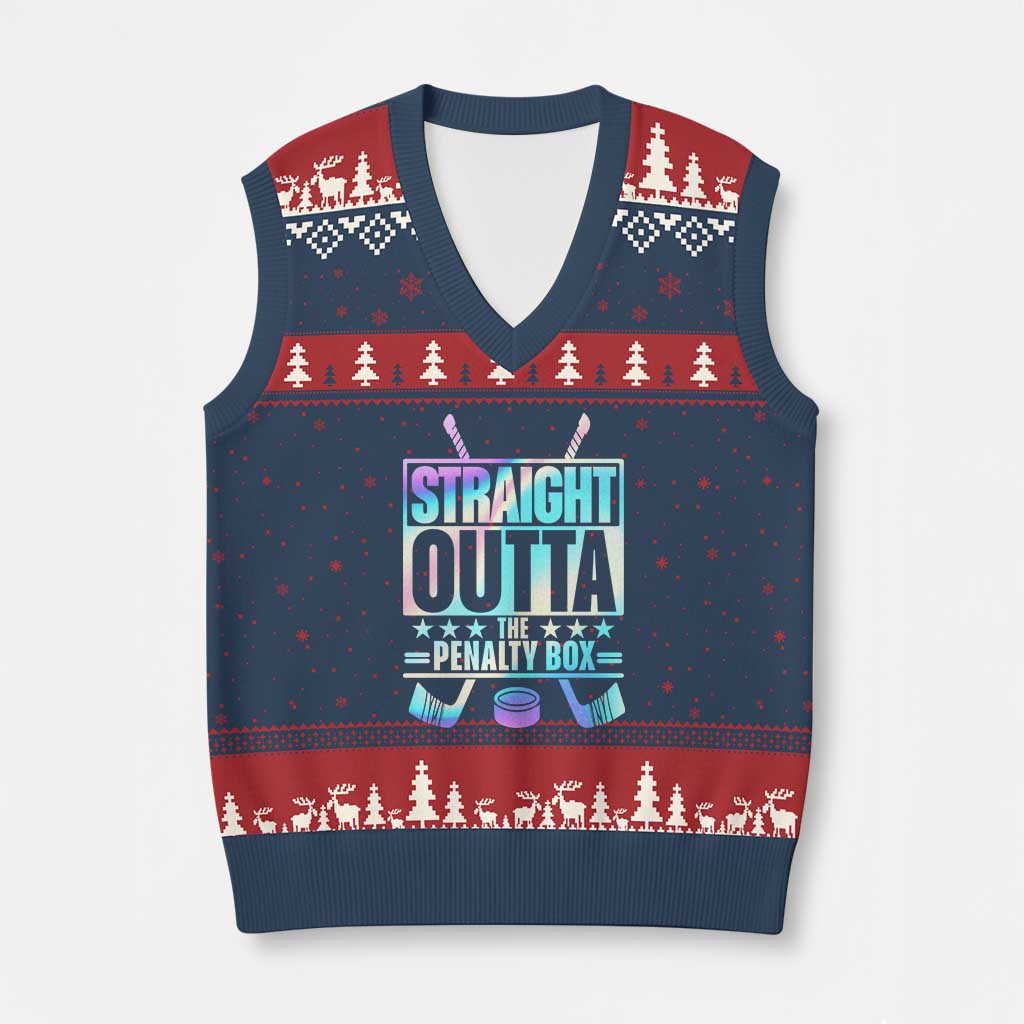 Straight Outta The Penalty Box V-Neck Knit Sweater Vest Iridescent Effect Hockey Player Gift TS12 Navy Red Print Your Wear