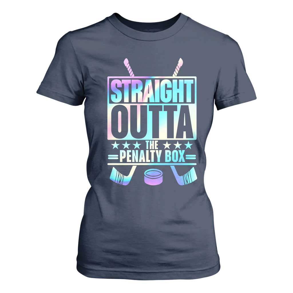 Straight Outta The Penalty Box T Shirt For Women Iridescent Effect Hockey Player Gift TS12 Navy Print Your Wear