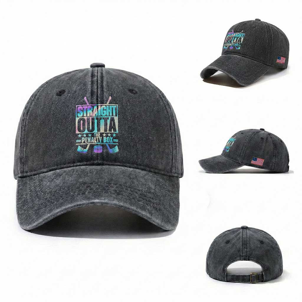 Straight Outta The Penalty Box Washed Cotton Baseball Cap Iridescent Effect Hockey Player Gift TS12 Washed Cap Universal Fit Dark Gray Print Your Wear