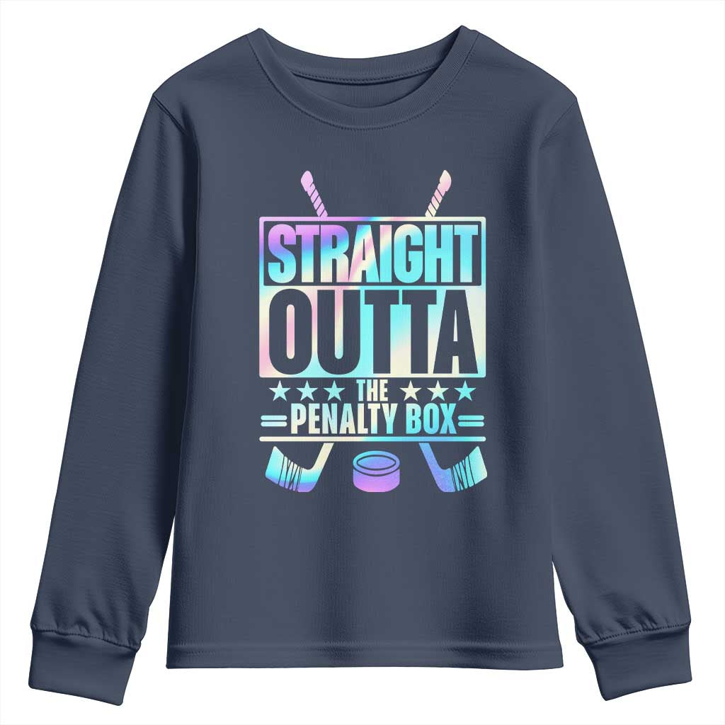 Straight Outta The Penalty Box Youth Sweatshirt Iridescent Effect Hockey Player Gift TS12 Navy Print Your Wear