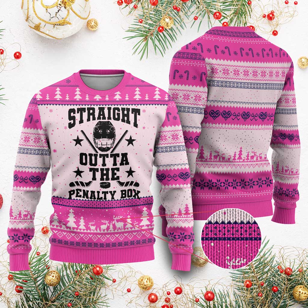 Straight Outta The Penalty Box Ugly Christmas Sweater Funny Youth Ice Hockey Gift TS12 Hot Pink Print Your Wear