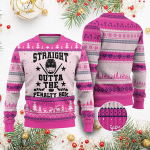 Straight Outta The Penalty Box Ugly Christmas Sweater Funny Youth Ice Hockey Gift TS12 Hot Pink Print Your Wear