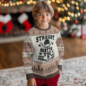 Straight Outta The Penalty Box Ugly Christmas Sweater Funny Youth Ice Hockey Gift TS12 Mocha Mousse Print Your Wear