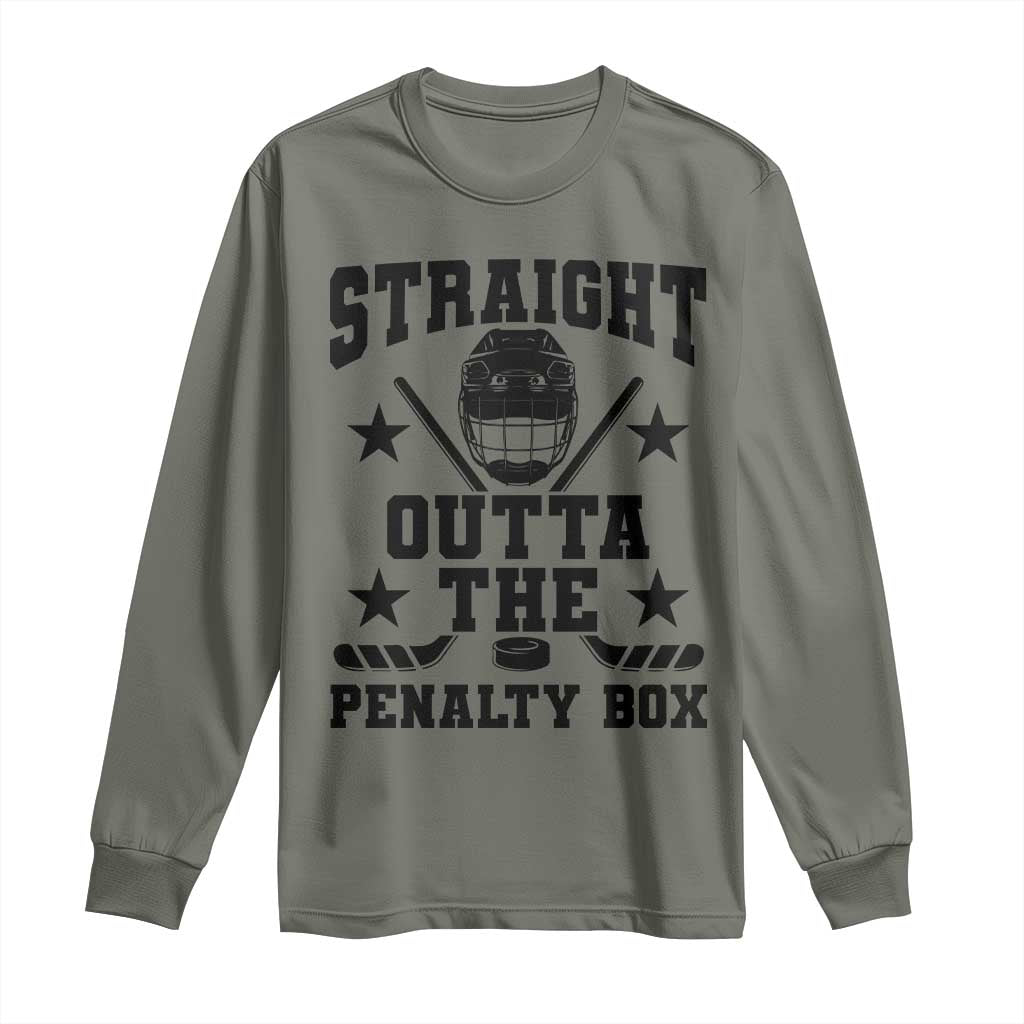 Straight Outta The Penalty Box Long Sleeve Shirt Funny Youth Ice Hockey Gift TS12 Military Green Print Your Wear