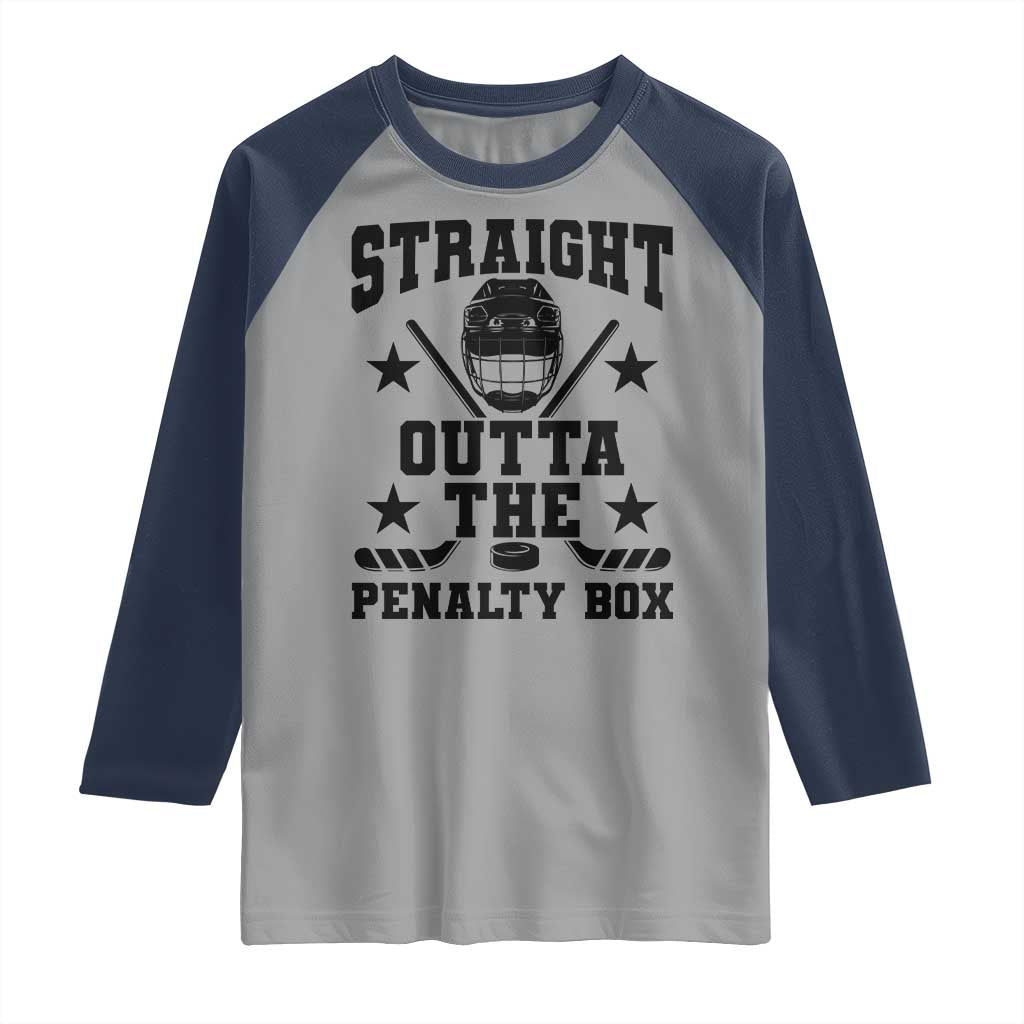 Straight Outta The Penalty Box Raglan Shirt Funny Youth Ice Hockey Gift TS12 Sport Gray Navy Print Your Wear