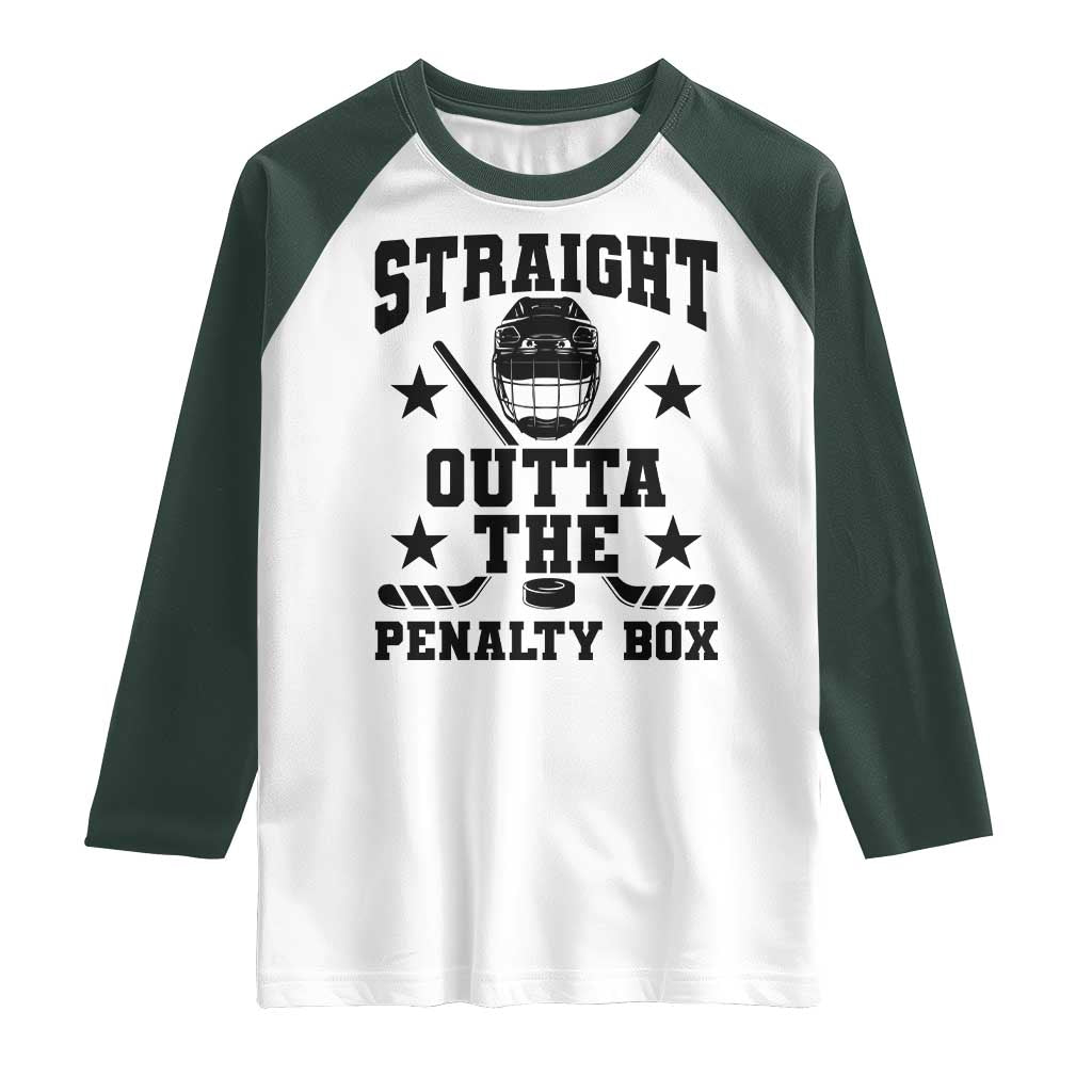 Straight Outta The Penalty Box Raglan Shirt Funny Youth Ice Hockey Gift TS12 White Dark Forest Green Print Your Wear