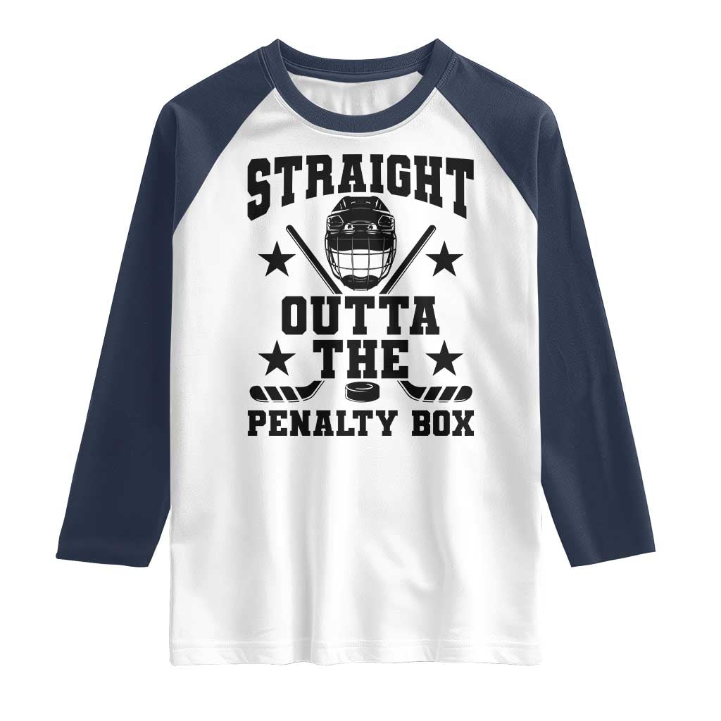 Straight Outta The Penalty Box Raglan Shirt Funny Youth Ice Hockey Gift TS12 White Navy Print Your Wear