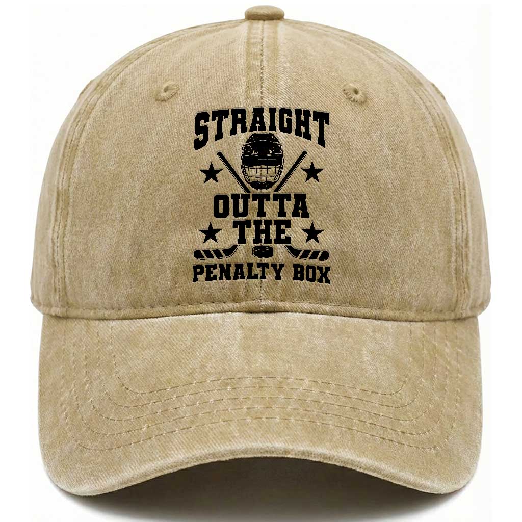 Straight Outta The Penalty Box Washed Cotton Baseball Cap Funny Youth Ice Hockey Gift TS12 Print Your Wear