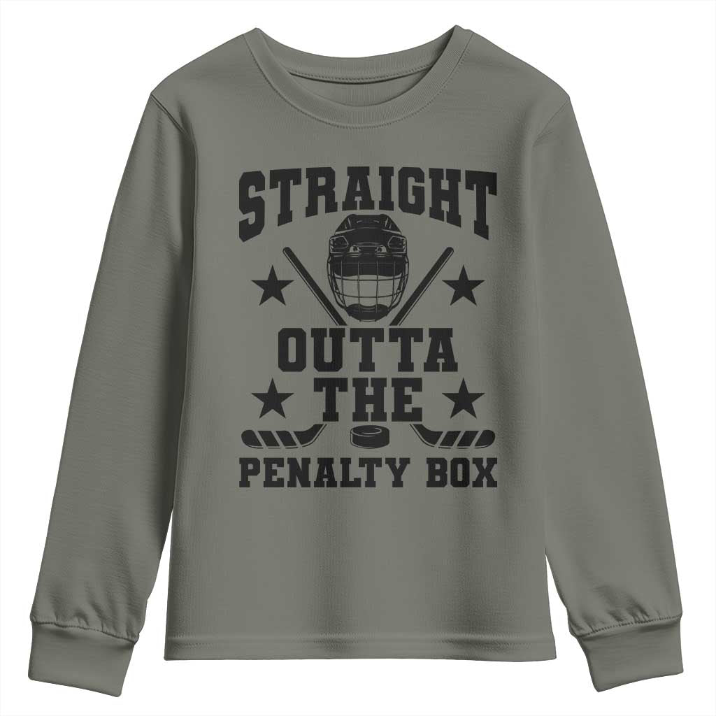 Straight Outta The Penalty Box Youth Sweatshirt Funny Youth Ice Hockey Gift TS12 Military Green Print Your Wear