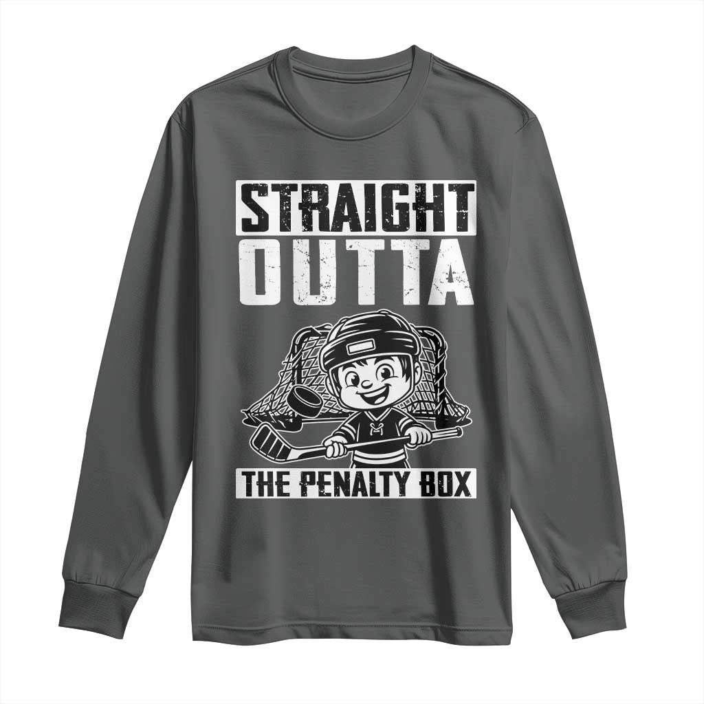 Straight Outta The Penalty Box Long Sleeve Shirt Funny Hockey Gift For Boys TS12 Dark Heather Print Your Wear