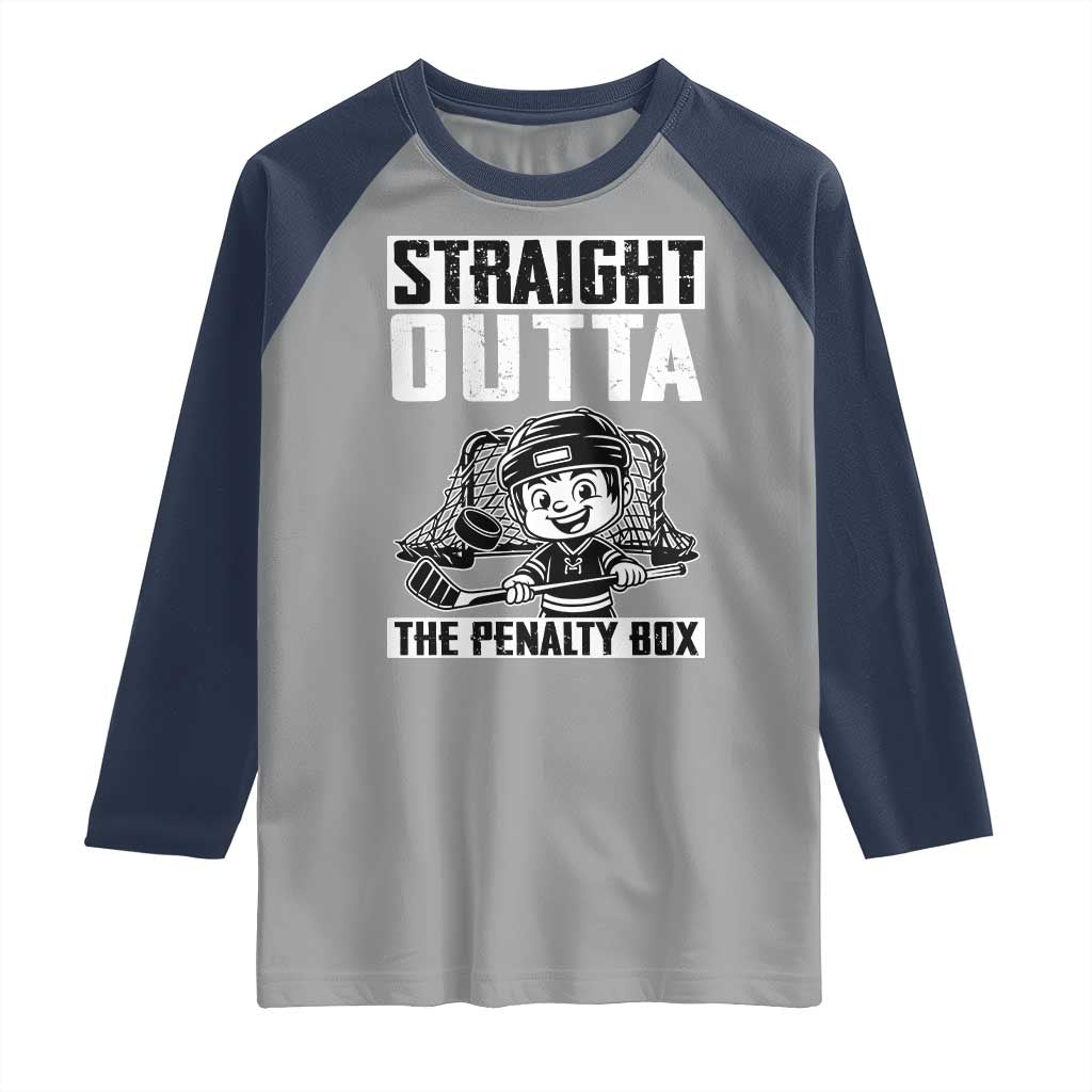 Straight Outta The Penalty Box Raglan Shirt Funny Hockey Gift For Boys TS12 Sport Gray Navy Print Your Wear
