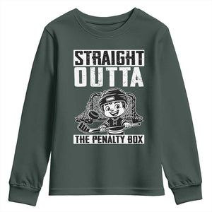 Straight Outta The Penalty Box Youth Sweatshirt Funny Hockey Gift For Boys TS12 Dark Forest Green Print Your Wear
