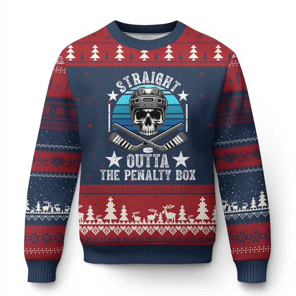 Straight Outta The Penalty Box Hockey Ugly Christmas Sweater Funny Skull Player Gift TS12 Navy Red Print Your Wear