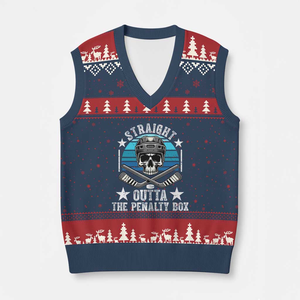 Straight Outta The Penalty Box Hockey V-Neck Knit Sweater Vest Funny Skull Player Gift TS12 Navy Red Print Your Wear