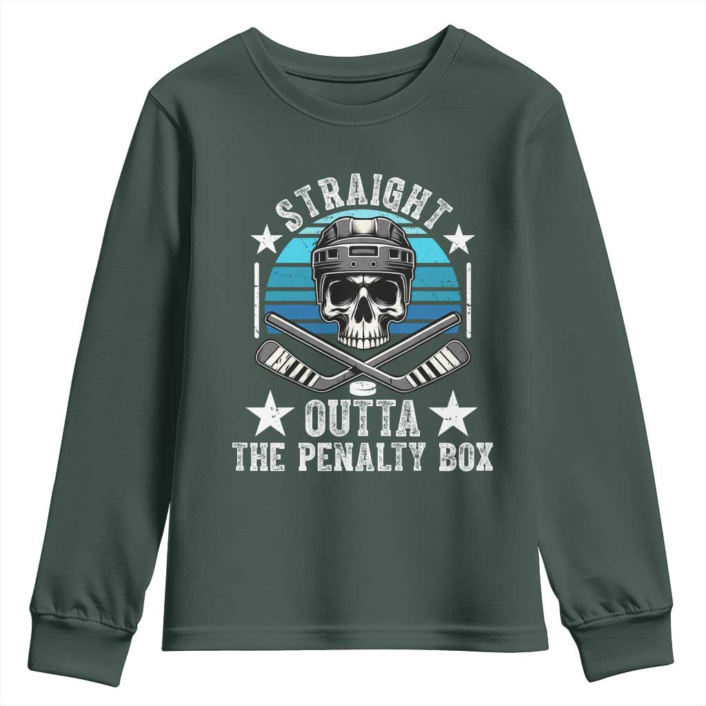 Straight Outta The Penalty Box Hockey Youth Sweatshirt Funny Skull Player Gift TS12 Dark Forest Green Print Your Wear
