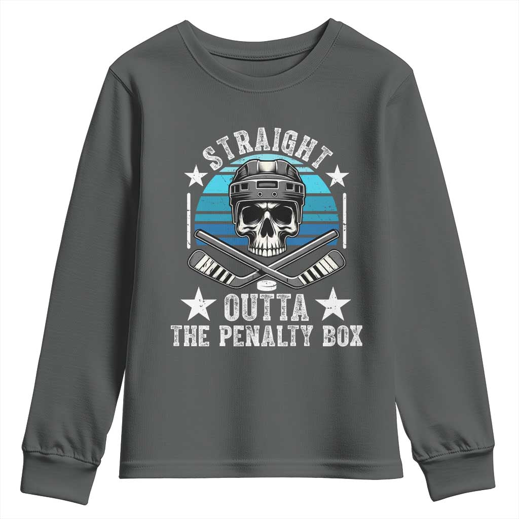 Straight Outta The Penalty Box Hockey Youth Sweatshirt Funny Skull Player Gift TS12 Dark Heather Print Your Wear