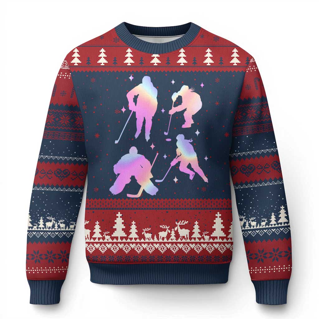Iridescent Effect Hockey Players Retro Sport Lover Gift Ugly Christmas Sweater TS12 Navy Red Print Your Wear