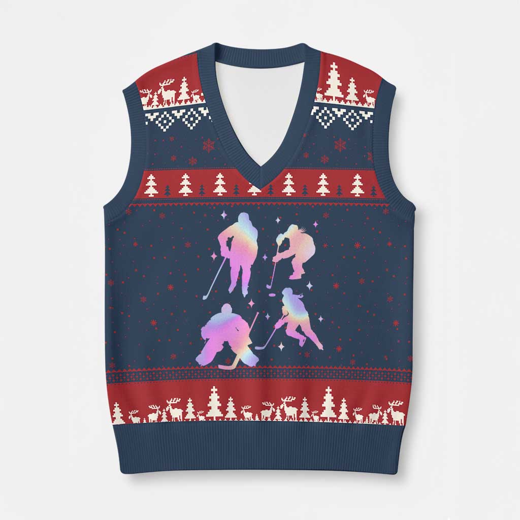 Iridescent Effect Hockey Players Retro Sport Lover Gift V-Neck Knit Sweater Vest TS12 Navy Red Print Your Wear