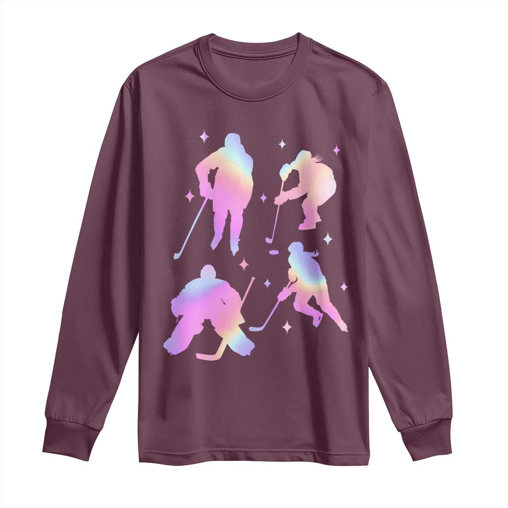 Iridescent Effect Hockey Players Retro Sport Lover Gift Long Sleeve Shirt TS12 Maroon Print Your Wear