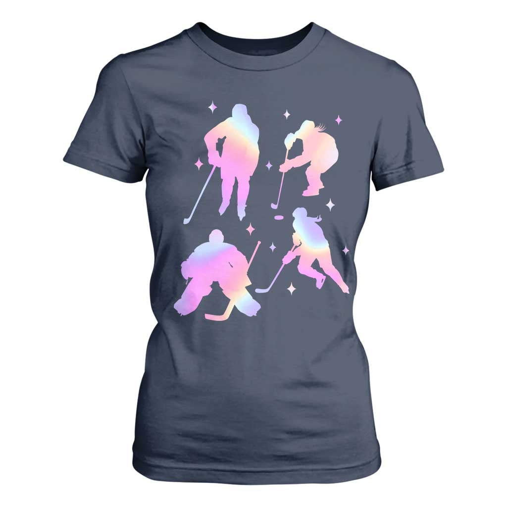 Iridescent Effect Hockey Players Retro Sport Lover Gift T Shirt For Women TS12 Navy Print Your Wear
