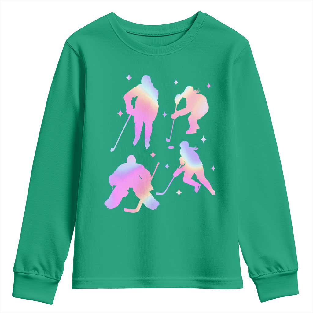 Iridescent Effect Hockey Players Retro Sport Lover Gift Youth Sweatshirt TS12 Irish Green Print Your Wear