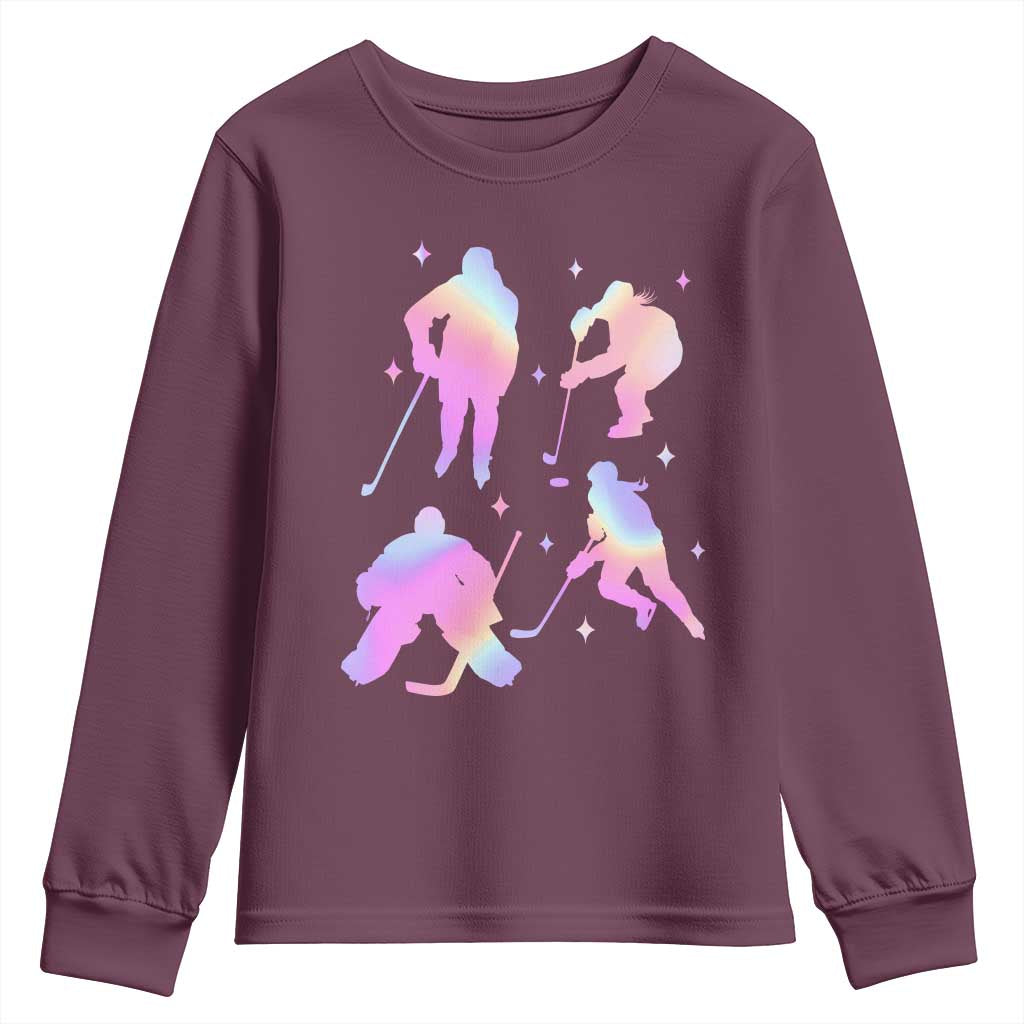 Iridescent Effect Hockey Players Retro Sport Lover Gift Youth Sweatshirt TS12 Maroon Print Your Wear