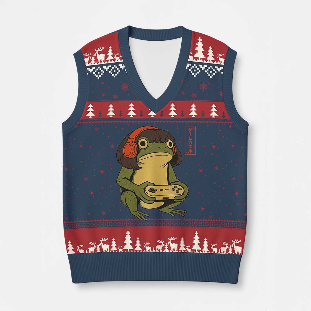 Funny Frog Bob Haircut Gamer Meme V-Neck Knit Sweater Vest Game Lover TS12 Navy Red Print Your Wear