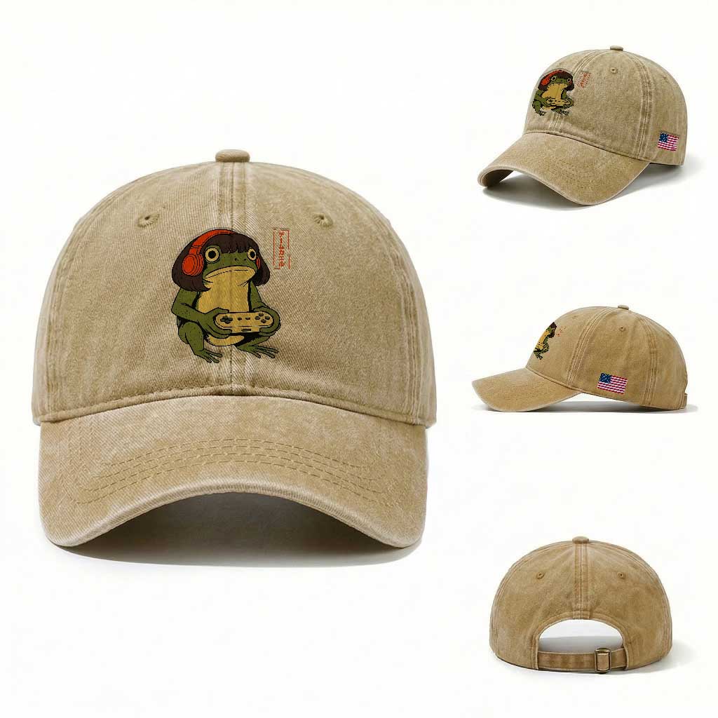 Funny Frog Bob Haircut Gamer Meme Washed Cotton Baseball Cap Game Lover TS12 Washed Cap Universal Fit Khaki Print Your Wear