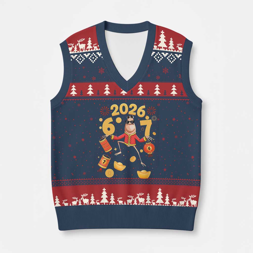 Funny Marcus The Worm Six Seven Meme V-Neck Knit Sweater Vest Lunar New Year 2026 Gift TS12 Navy Red Print Your Wear