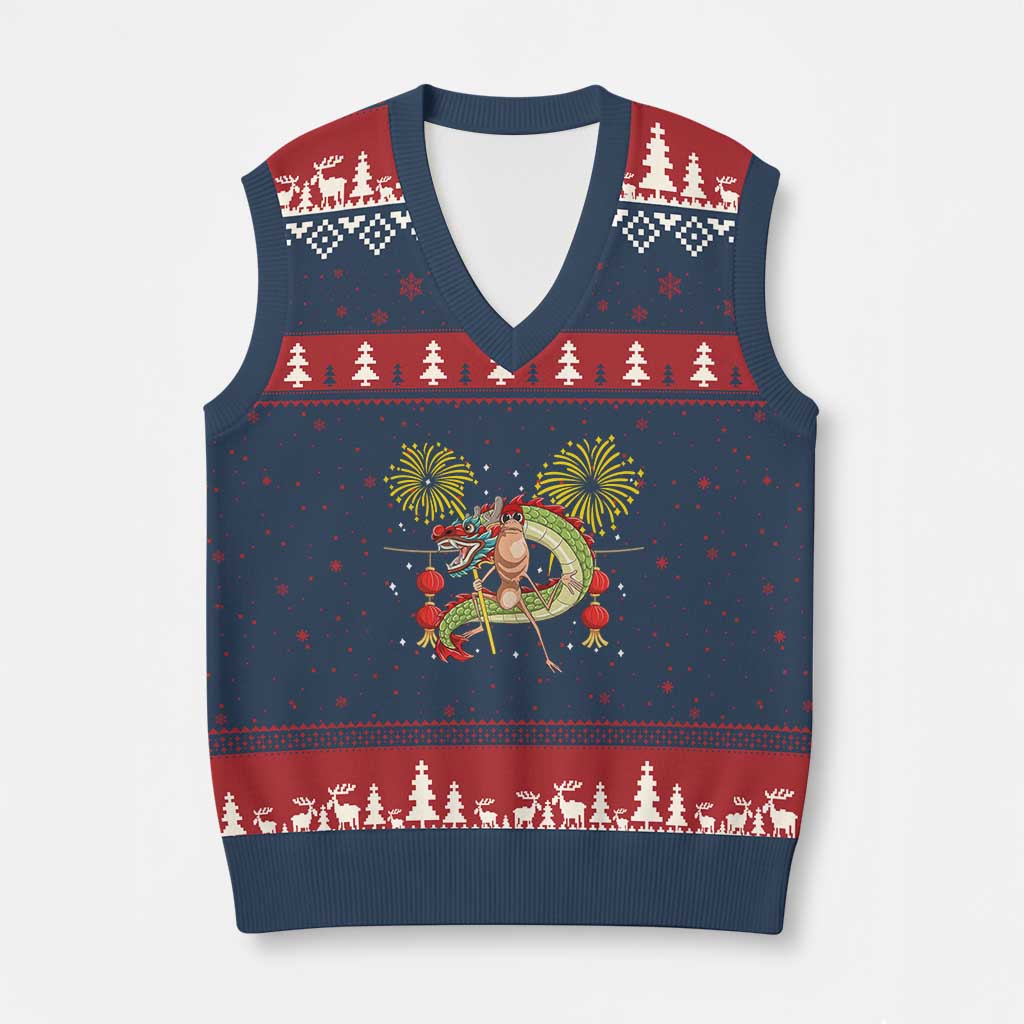 Funny Marcus The Worm Meme V-Neck Knit Sweater Vest Viral Lunar New Year TS12 Navy Red Print Your Wear