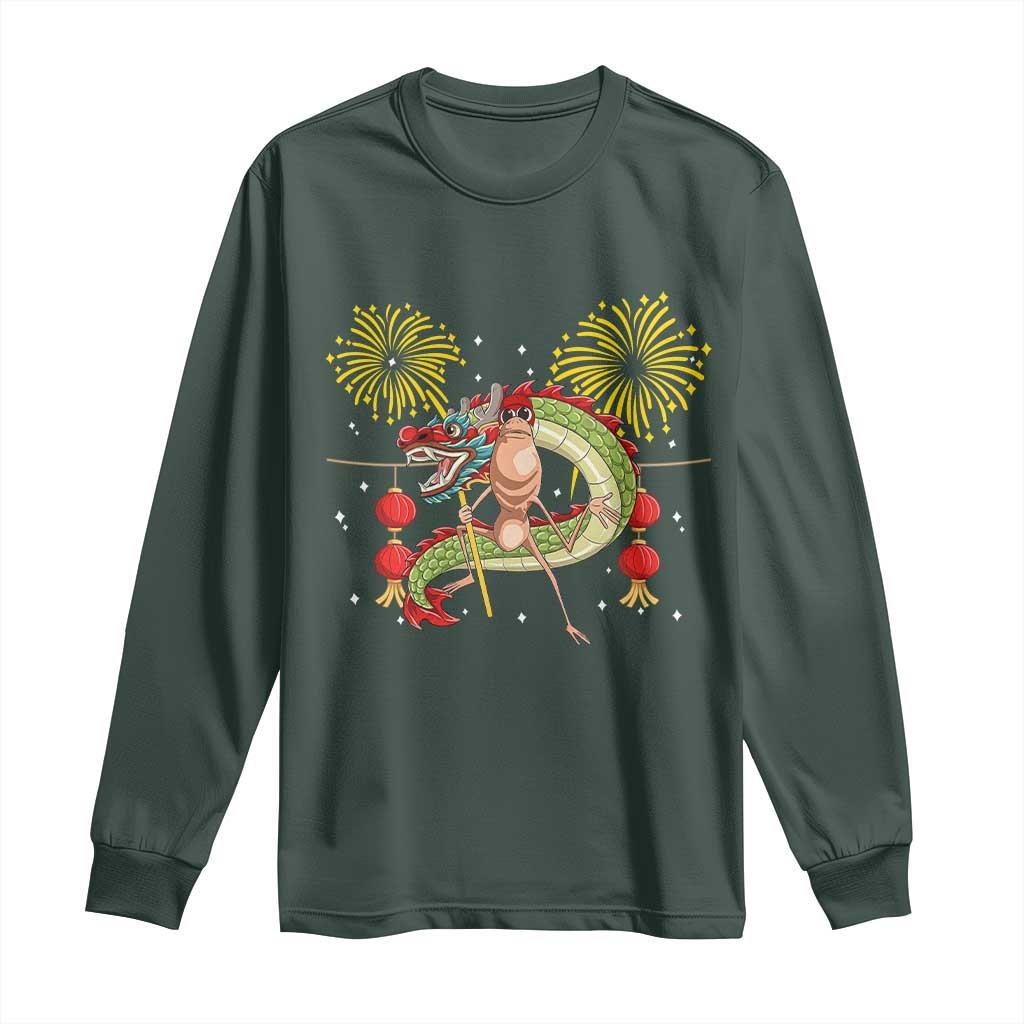Funny Marcus The Worm Meme Long Sleeve Shirt Viral Lunar New Year TS12 Dark Forest Green Print Your Wear