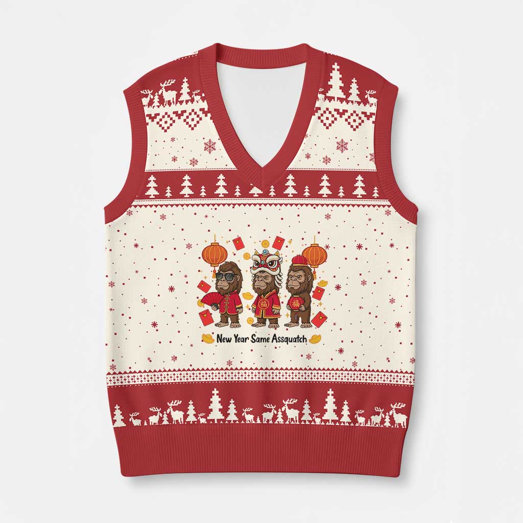 Funny New Year Same Assquatch V-Neck Knit Sweater Vest Bigfoot Lover TS12 Beige Red Print Your Wear