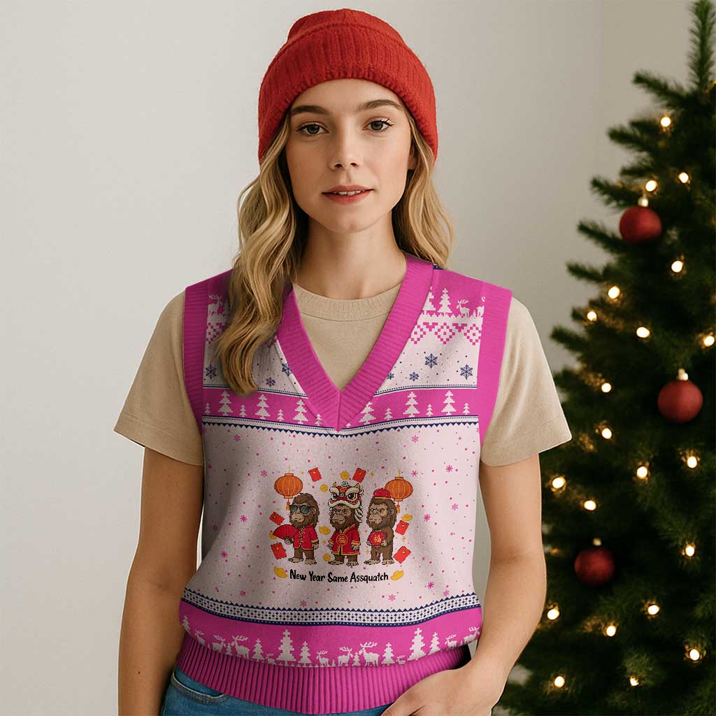 Funny New Year Same Assquatch V-Neck Knit Sweater Vest Bigfoot Lover TS12 Hot Pink Print Your Wear