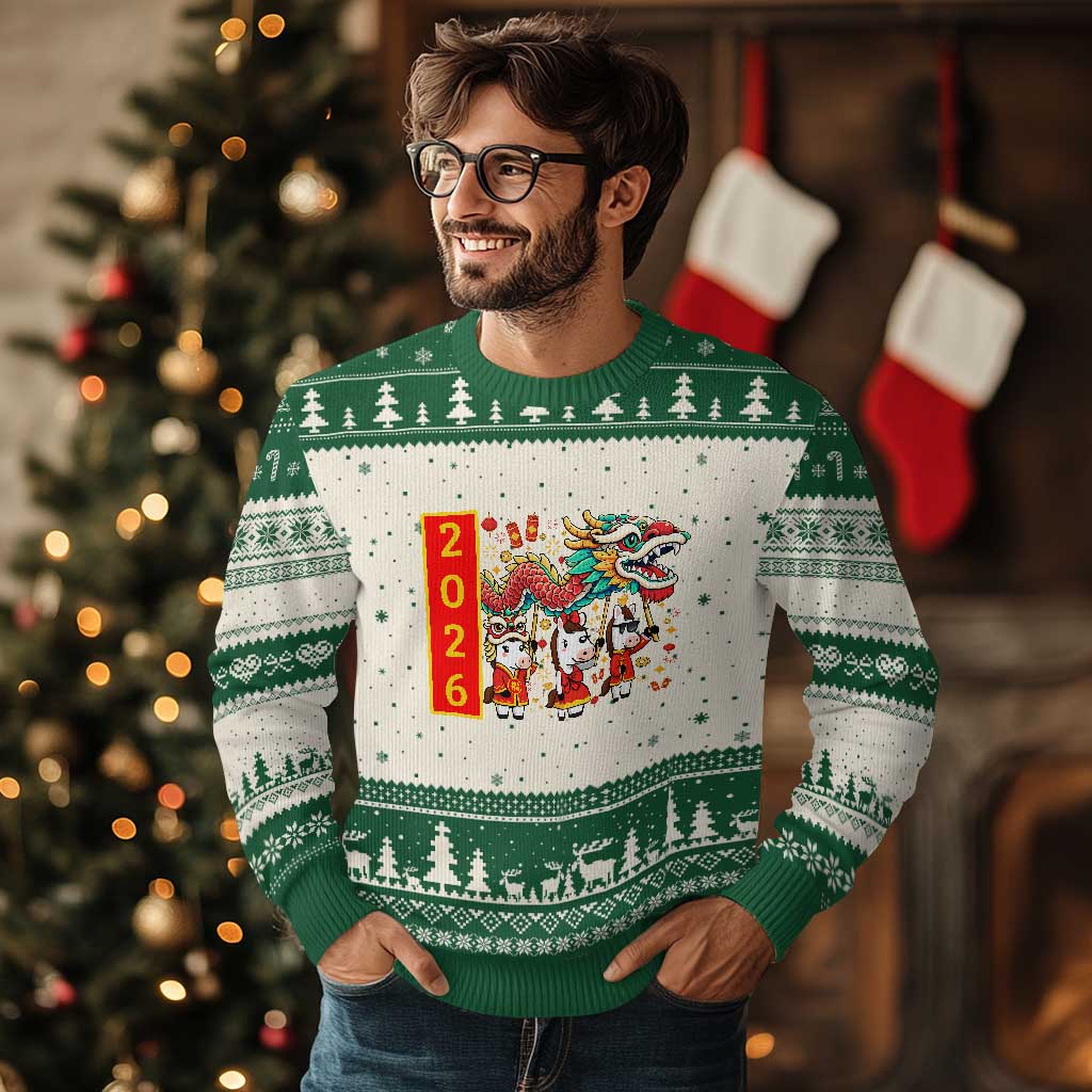Cute Horse Dragon Dance Ugly Christmas Sweater Lunar New Year TS12 Beige Green Print Your Wear