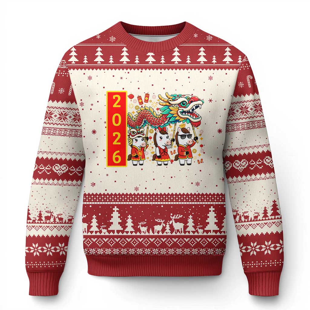 Cute Horse Dragon Dance Ugly Christmas Sweater Lunar New Year TS12 Beige Red Print Your Wear