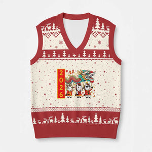 Cute Horse Dragon Dance V-Neck Knit Sweater Vest Lunar New Year TS12 Beige Red Print Your Wear