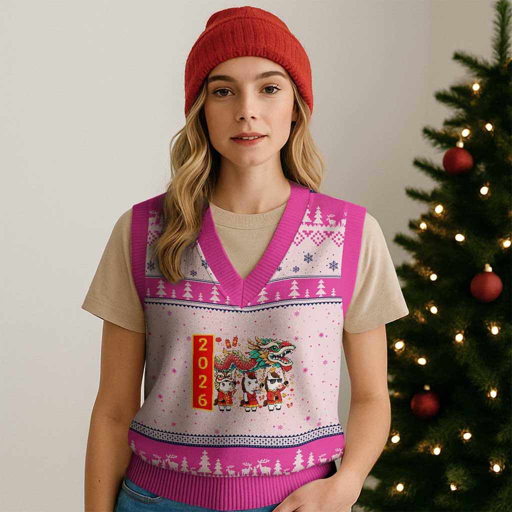 Cute Horse Dragon Dance V-Neck Knit Sweater Vest Lunar New Year TS12 Hot Pink Print Your Wear