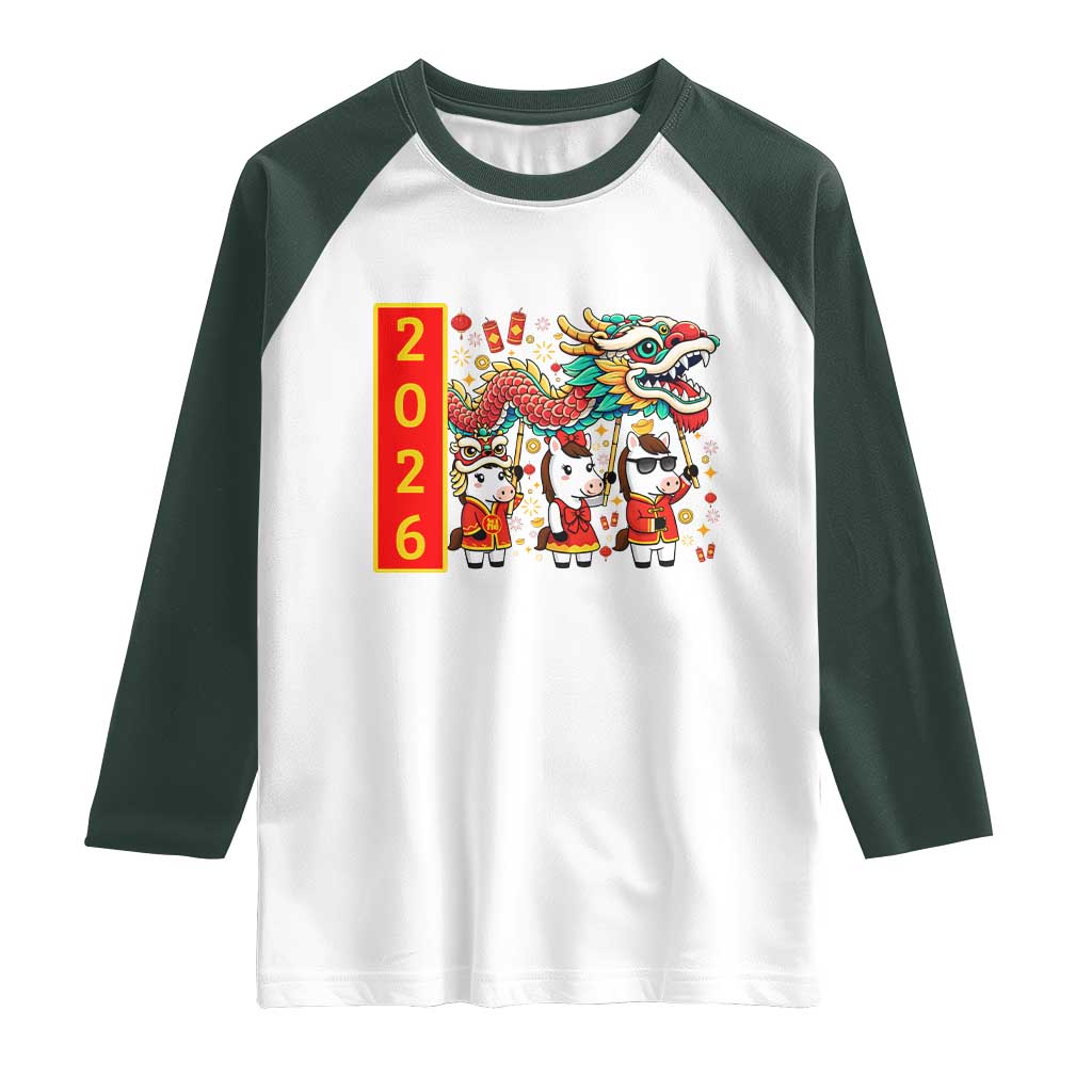 Cute Horse Dragon Dance Raglan Shirt Lunar New Year TS12 White Dark Forest Green Print Your Wear